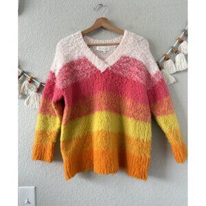 Anthropologie Simone Striped Wool Pullover V-neck Sweater Multicolor Fuzzy XS